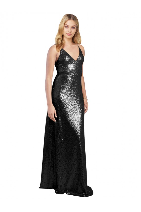 Noir Trapèze Bretelles spaghetti Col V Paillette Longue Formelles Robes demoiselle d'honneur / Robes de soirée / Robes de bal Pas Chère
