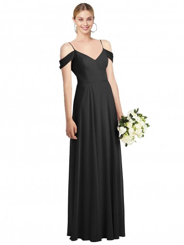 Noir Trapèze Bretelles spaghetti Mousseline Longue Robes demoiselle d'honneur Pas Chre
