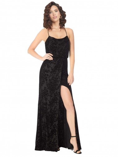 Noir Trapèze Bretelles spaghetti Velours Floral Velours Stretch Longue Robes demoiselle d'honneur Pas Chre