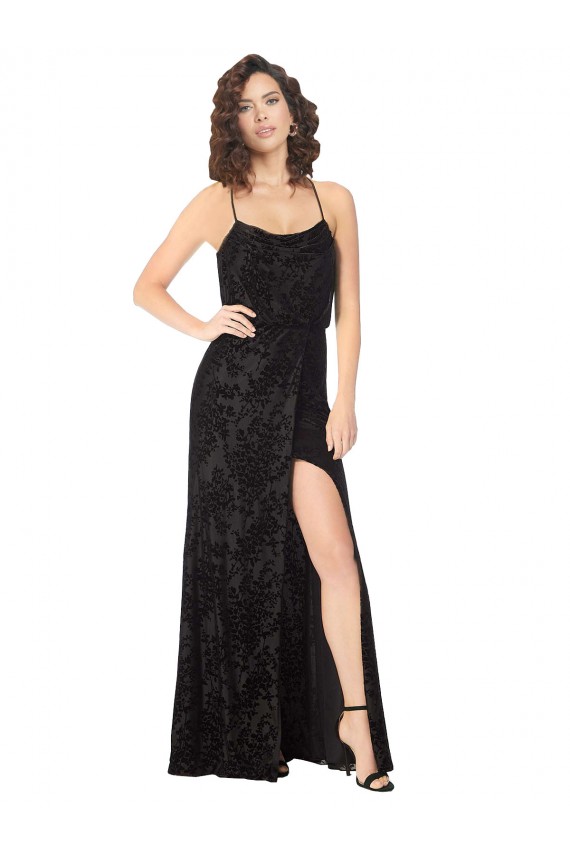 Noir Trapèze Bretelles spaghetti Velours Floral Velours Stretch Longue Robes demoiselle d'honneur Pas Chère