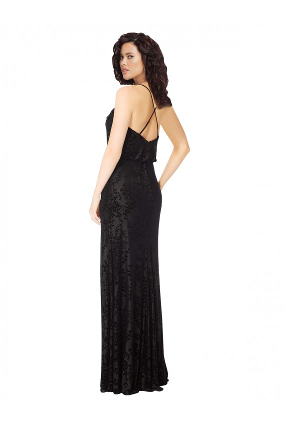Noir Trapèze Bretelles spaghetti Velours Floral Velours Stretch Longue Robes demoiselle d'honneur Pas Chère