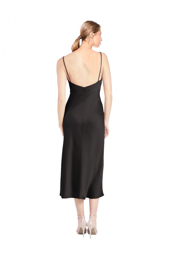 Noir Trapèze Bretelles spaghetti midi Satiné Stretch Courte Robes demoiselle d'honneur / Robes de soirée / Robes de cocktail Pas Chère