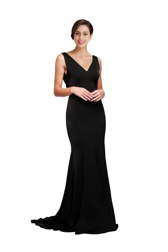 Noir Trapèze Col V Balayage train Satiné Soyeux Longue Formelles Robes demoiselle d'honneur / Robes de soirée / Robes de bal Pas Chère