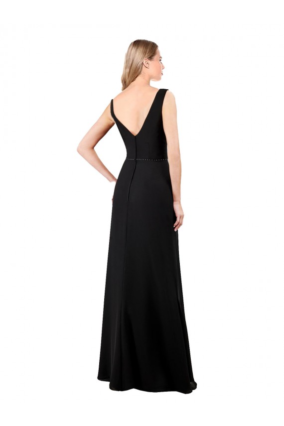 Noir Trapèze Col V Mousseline Longue Robes demoiselle d'honneur / Robes de bal Pas Chère