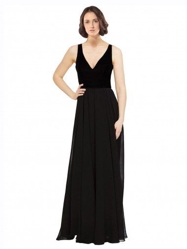 Noir Trapèze Col V Mousseline Velours Longue Robes demoiselle d'honneur / Robes de bal Pas Chre