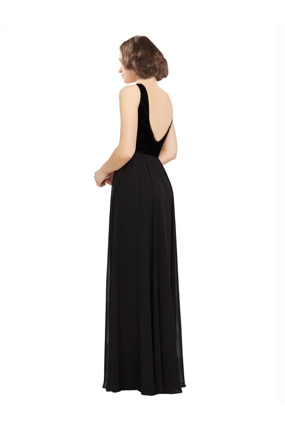 Noir Trapèze Col V Mousseline Velours Longue Robes demoiselle d'honneur / Robes de bal Pas Chère