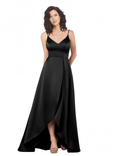 Noir Trapèze Col V Satiné Soyeux Longue Asymétrique Formelles Robes demoiselle d'honneur / Robes de soirée / Robes de bal Pas Chre