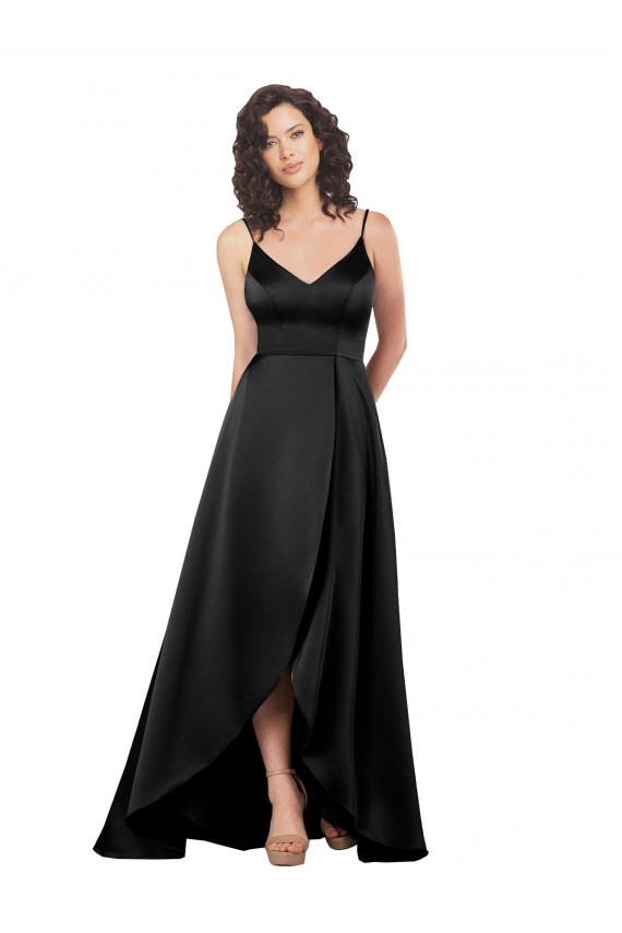 Noir Trapèze Col V Satiné Soyeux Longue Asymétrique Formelles Robes demoiselle d'honneur / Robes de soirée / Robes de bal Pas Chère