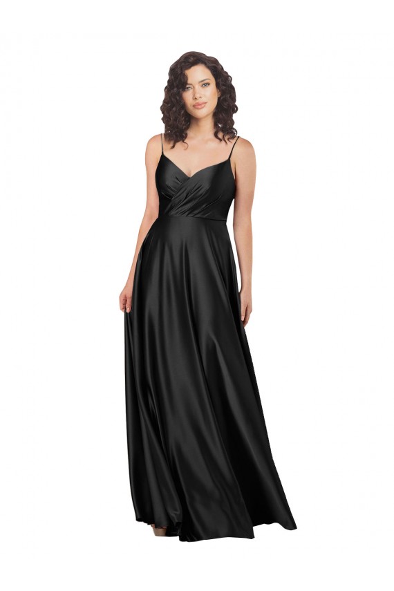 Noir Trapèze Col V Satiné Soyeux Longue Formelles Robes demoiselle d'honneur / Robes de soirée / Robes de bal Pas Chère