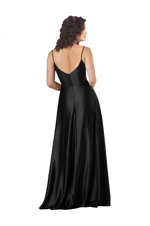 Noir Trapèze Col V Satiné Soyeux Longue Formelles Robes demoiselle d'honneur / Robes de soirée / Robes de bal Pas Chère