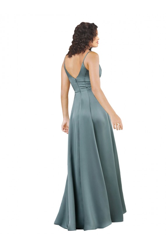 Noir Trapèze Col V Satiné Soyeux Longue Formelles Robes demoiselle d'honneur / Robes de soirée / Robes de bal Pas Chère
