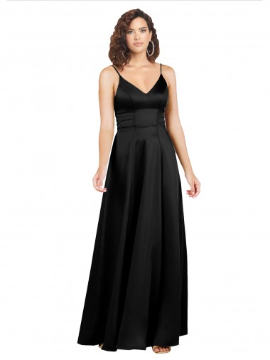 Noir Trapèze Col V Satiné Soyeux Longue Formelles Robes demoiselle d'honneur / Robes de soirée / Robes de bal Pas Chre