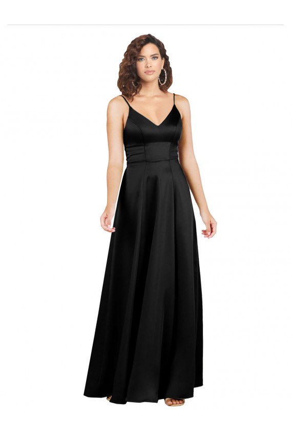 Noir Trapèze Col V Satiné Soyeux Longue Formelles Robes demoiselle d'honneur / Robes de soirée / Robes de bal Pas Chère