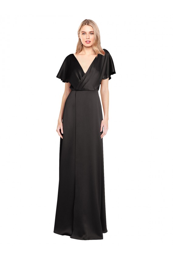 Noir Trapèze Col V Satiné Stretch Longue Formelles Robes demoiselle d'honneur / Robes de soirée / Robes de bal Pas Chère