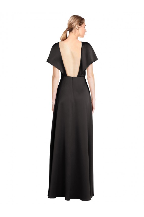 Noir Trapèze Col V Satiné Stretch Longue Formelles Robes demoiselle d'honneur / Robes de soirée / Robes de bal Pas Chère