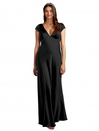 Noir Trapèze Col V Satiné Stretch Longue Formelles Robes demoiselle d'honneur / Robes de soirée / Robes de bal Pas Chre