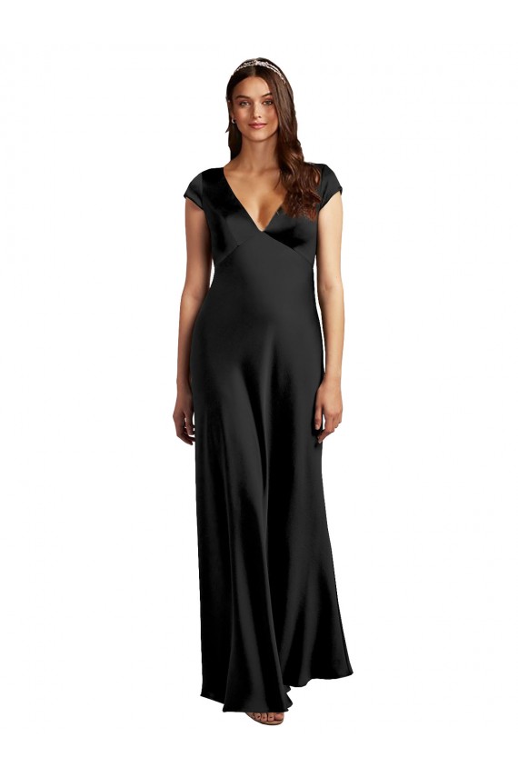 Noir Trapèze Col V Satiné Stretch Longue Formelles Robes demoiselle d'honneur / Robes de soirée / Robes de bal Pas Chère