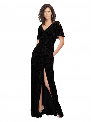 Noir Trapèze Col V Velours Floral Velours Stretch Longue Robes demoiselle d'honneur Pas Chre
