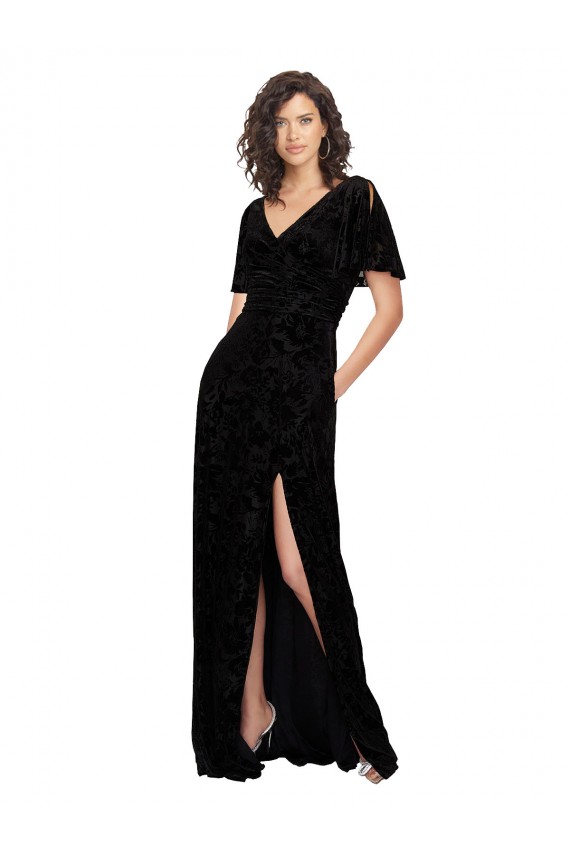 Noir Trapèze Col V Velours Floral Velours Stretch Longue Robes demoiselle d'honneur Pas Chère