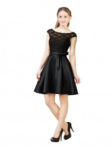 Noir Trapèze Illusion Satiné Dentelle Courte Robes demoiselle d'honneur / Robes de cocktail Pas Chre