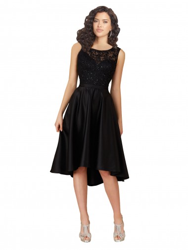 Noir Trapèze Illusion midi Satiné Dentelle Courte Asymétrique Robes demoiselle d'honneur / Robes de cocktail Pas Chre