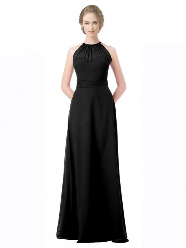 Noir Trapèze Licou Mousseline Longue Robes demoiselle d'honneur Pas Chre