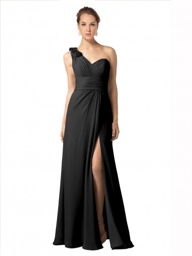 Noir Trapèze Mousseline Longue Robes demoiselle d'honneur Pas Chre