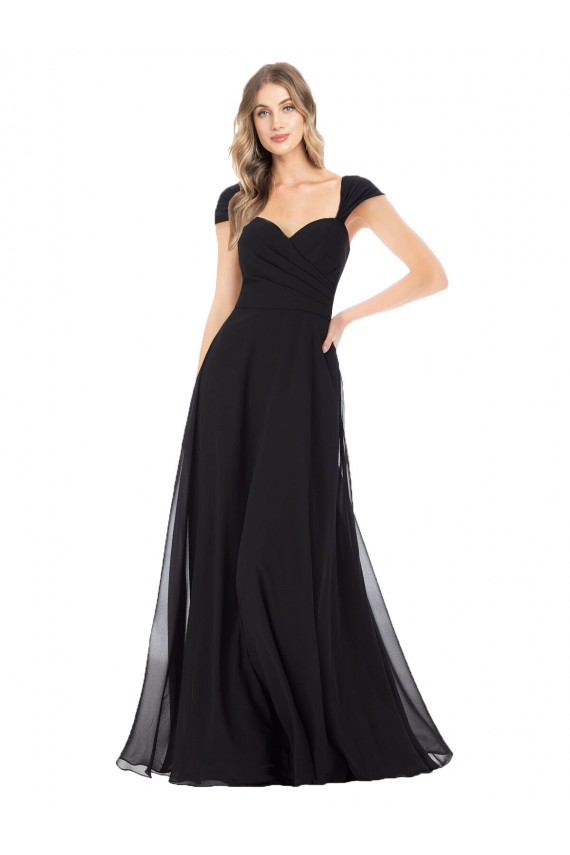 Noir Trapèze Mousseline Longue Robes demoiselle d'honneur Pas Chère
