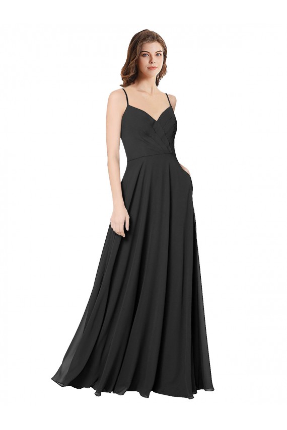 Noir Trapèze Mousseline Longue Robes demoiselle d'honneur Pas Chère