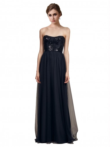 Noir Trapèze Sans bretelle Tulle Longue Robes demoiselle d'honneur Pas Chre