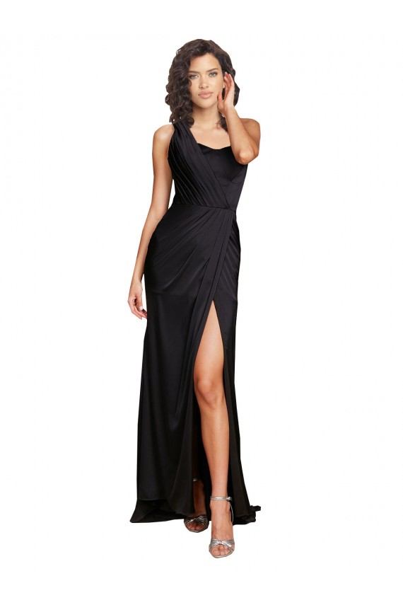 Noir Trapèze Satiné Soyeux Longue Formelles Robes demoiselle d'honneur / Robes de soirée / Robes de bal Pas Chère
