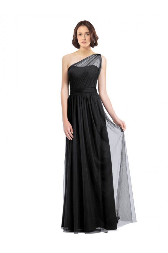 Noir Trapèze Tulle Longue Robes demoiselle d'honneur Pas Chère