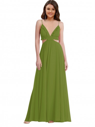Olive verte Trapèze Col V Mousseline Longue Robes demoiselle d'honneur Pas Chre