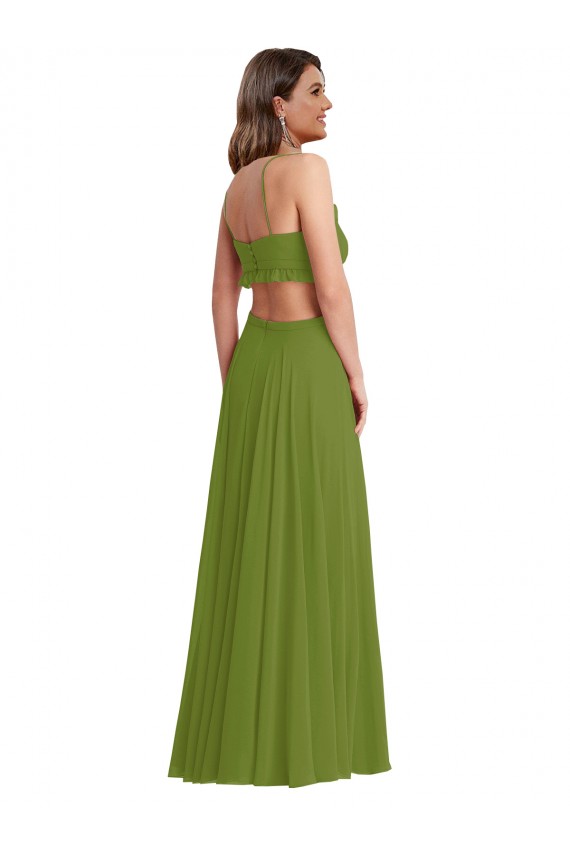 Olive verte Trapèze Col V Mousseline Longue Robes demoiselle d'honneur Pas Chère