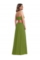 Olive verte Trapèze Col V Mousseline Longue Robes demoiselle d'honneur Pas Chère