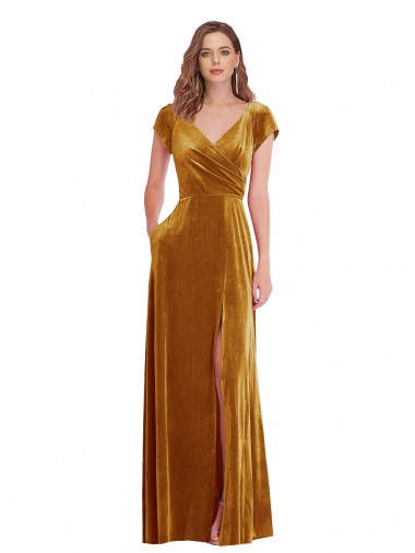 Or Fourreau Col V Velours Stretch Longue Formelles Robes demoiselle d'honneur / Robes de soirée / Robes de bal Pas Chre