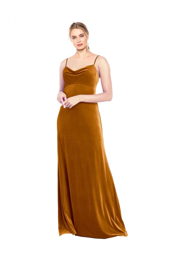Or Trapèze Bretelles spaghetti Velours Stretch Longue Robes demoiselle d'honneur / Robes de bal Pas Chère
