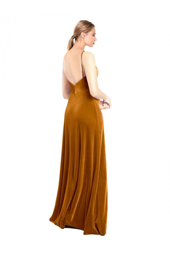 Or Trapèze Bretelles spaghetti Velours Stretch Longue Robes demoiselle d'honneur / Robes de bal Pas Chère