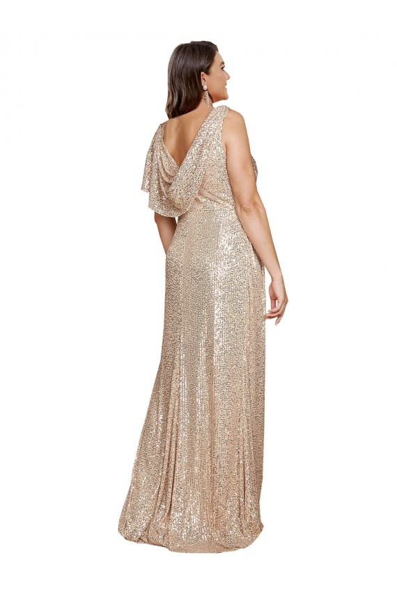 Or Trapèze Col V Paillette Longue Formelles Robes demoiselle d'honneur / Robes de soirée / Robes de bal Pas Chère
