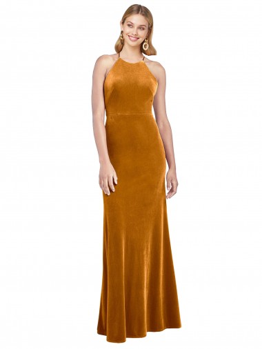 Or Trapèze Licou Col Haut Velours Stretch Longue Formelles Robes demoiselle d'honneur / Robes de soirée / Robes de bal Pas Chre