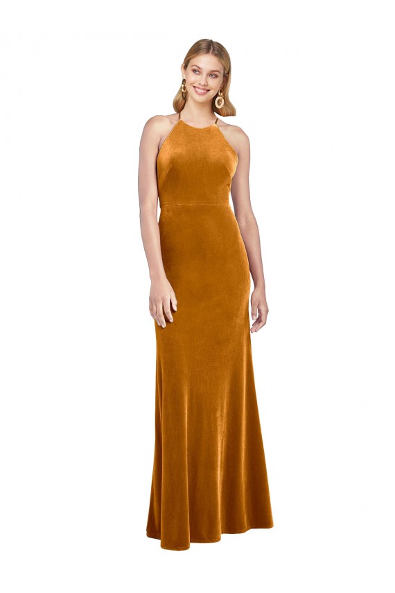 Or Trapèze Licou Col Haut Velours Stretch Longue Formelles Robes demoiselle d'honneur / Robes de soirée / Robes de bal Pas Chère