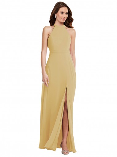 Or Trapèze Licou Mousseline Longue Robes demoiselle d'honneur Pas Chre