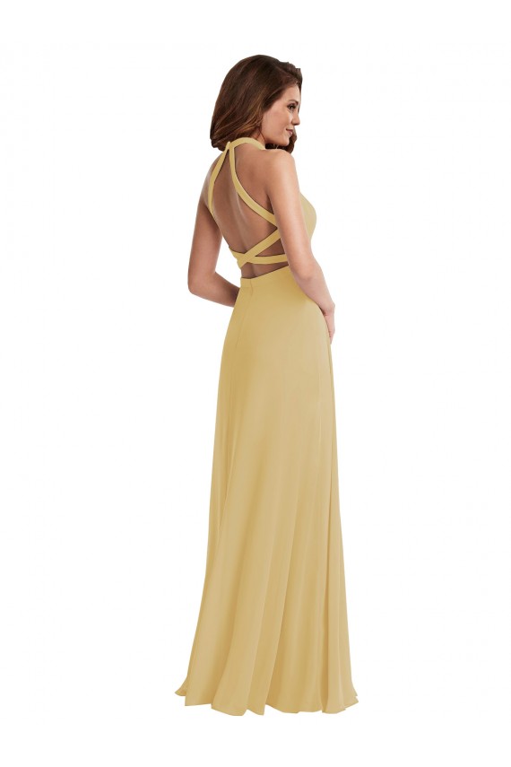 Or Trapèze Licou Mousseline Longue Robes demoiselle d'honneur Pas Chère