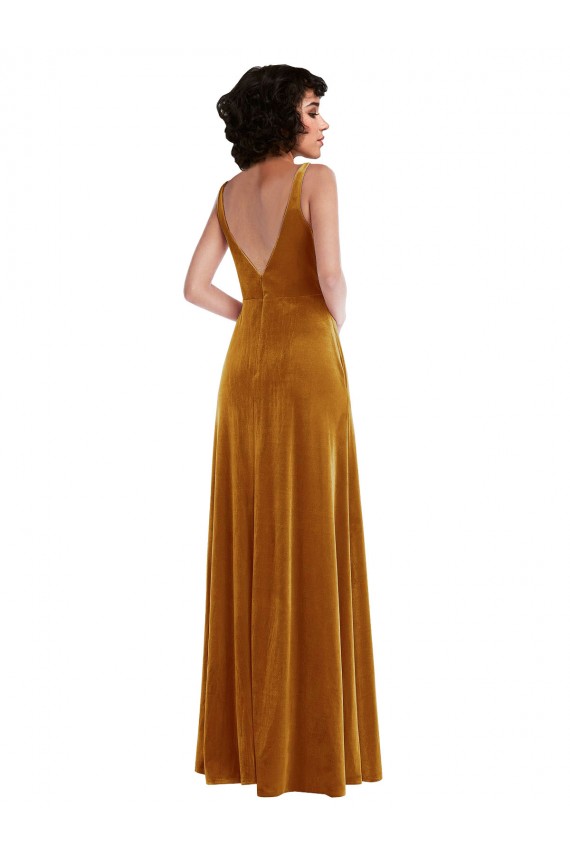 Or Trompette Col V Velours Stretch Longue Robes demoiselle d'honneur / Robes de bal Pas Chère