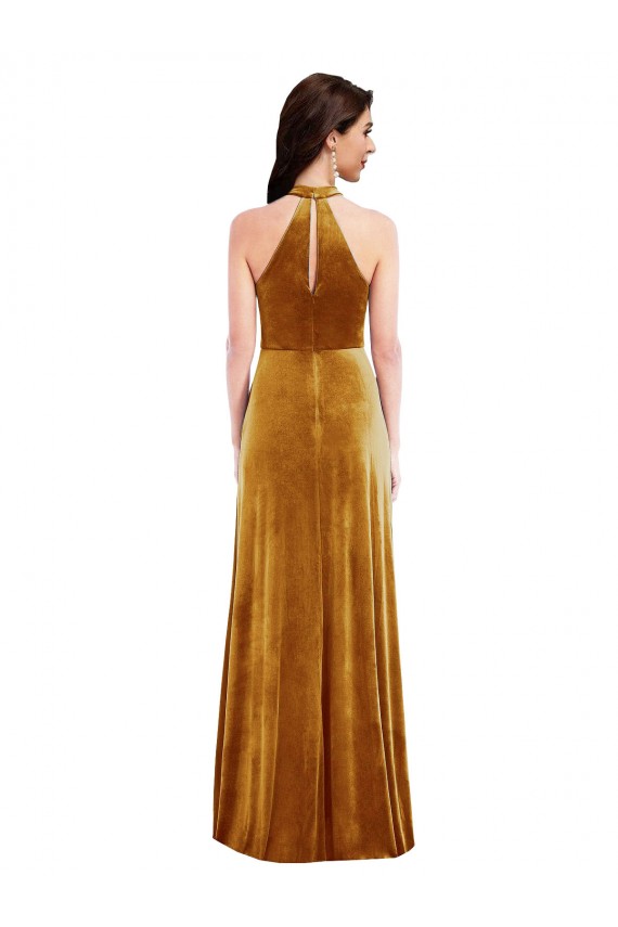 Or Trompette Licou Col Haut Velours Stretch Longue Robes demoiselle d'honneur / Robes de bal Pas Chère
