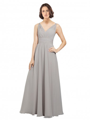Oyster Argent Trapèze Col V Mousseline Longue Robes demoiselle d'honneur Pas Chre