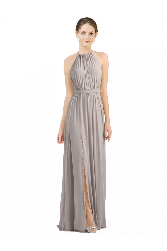 Oyster Argent Trapèze Licou Mousseline Longue Robes demoiselle d'honneur Pas Chère