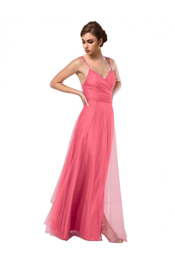 Pastèque Trapèze Bretelles spaghetti Tulle Longue Robes demoiselle d'honneur Pas Chère