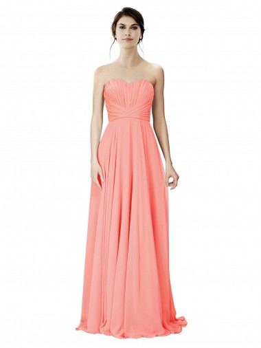 Peach Trapèze Sans bretelle Mousseline Longue Robes demoiselle d'honneur Pas Chre