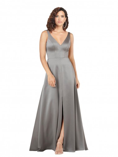 Pearl Grey Trapèze Col V Satiné Soyeux Longue Formelles Robes demoiselle d'honneur / Robes de soirée / Robes de bal Pas Chre